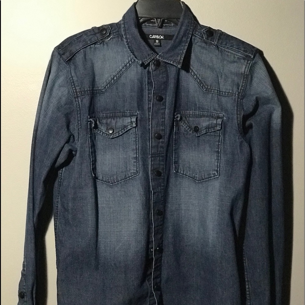 blue denim shirt with long sleeves